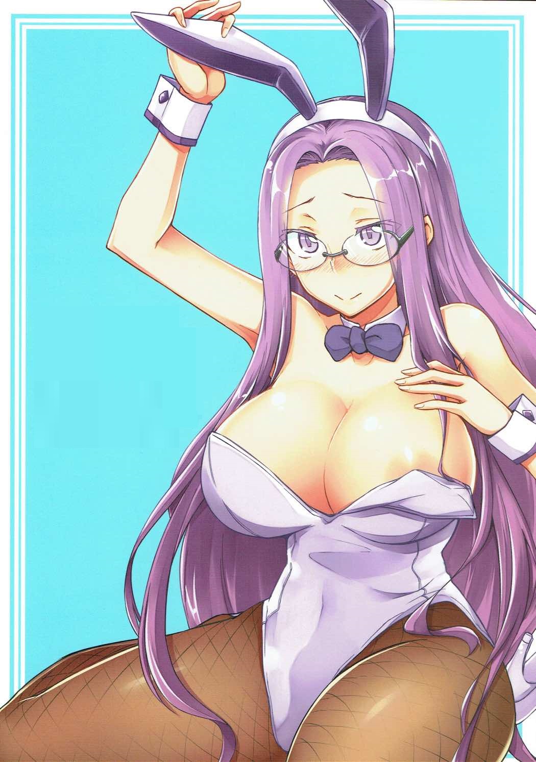 1girl alone bare_shoulders blush bowtie breasts bunny_ears bunny_outfit curvy embarrassed fate/grand_order fate/stay_night fate/zero fate_(series) female glasses kneeling large_breasts long_hair playboy_outfit purple_hair rider simple_background solo thick_thighs thighs