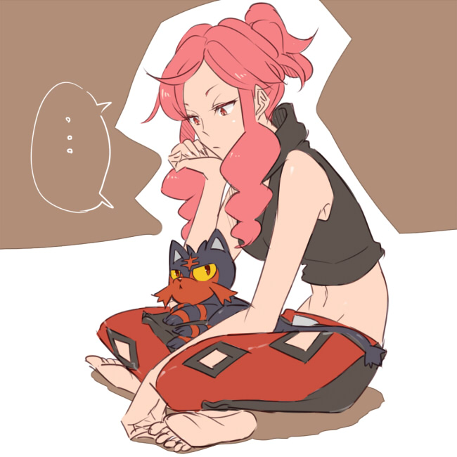 1girl bare_arms bare_shoulders barefoot black_fur black_pants black_tank_top breasts cat colored_sclera crop_top hair_bun hollomaru kitten litten malva_(pokemon) midriff on_lap pants pink_hair pokemon pokemon_(creature) pokemon_on_lap pokemon_xy red_eyes red_fur red_pants short_hair_with_long_locks sidelocks single_hair_bun sleeveless tank_top two-tone_pants yellow_sclera