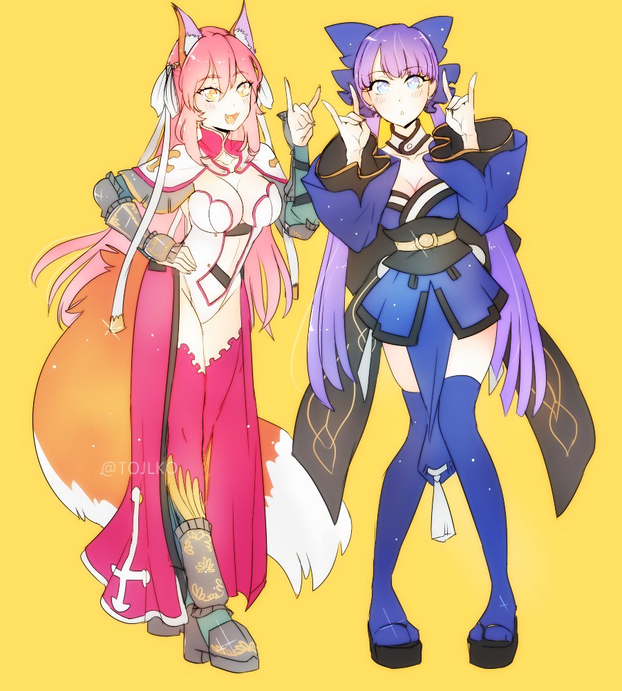 animal_ears arm_guards blue_eyes blue_legwear blue_ribbon breasts capelet center_opening choker cleavage cosplay costume_switch cross dress fate/extra fate/grand_order fate_(series) fox_ears fox_shadow_puppet fox_tail geta hair_ribbon hand_gesture high_heels japanese_clothes large_breasts leotard long_hair looking_at_viewer multiple_girls navel obi pink_hair pog purple_hair purple_legwear ribbon saint_martha sash shin_guards short_dress showgirl_skirt tail tamamo_(fate)_(all) tamamo_no_mae_(fate) thighhighs twitter_username very_long_hair watermark white_ribbon wide_sleeves yellow_background yellow_eyes