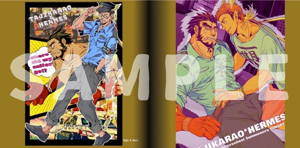 2boys bara between_legs bulge clothes_theft collage colored_skin cosplay eye_contact facial_hair forked_eyebrows frown glasses goatee goatee_stubble gradient_skin hachimaki head_wings headband hermes_(housamo) huge_eyebrows large_pectorals long_sideburns looking_at_another male_focus mature_male multiple_boys muscular muscular_male mutton_chops nejiri_hachimaki nude paid_reward_available pants pectorals red_skin sample_watermark short_hair sideburns smug stubble tajikarao_(housamo) tajikarao_(housamo)_(cosplay) theft thick_eyebrows tokyo_afterschool_summoners tusks upper_body watermark wings yaoi yoshiyuki_(nein69yoshiyuki)