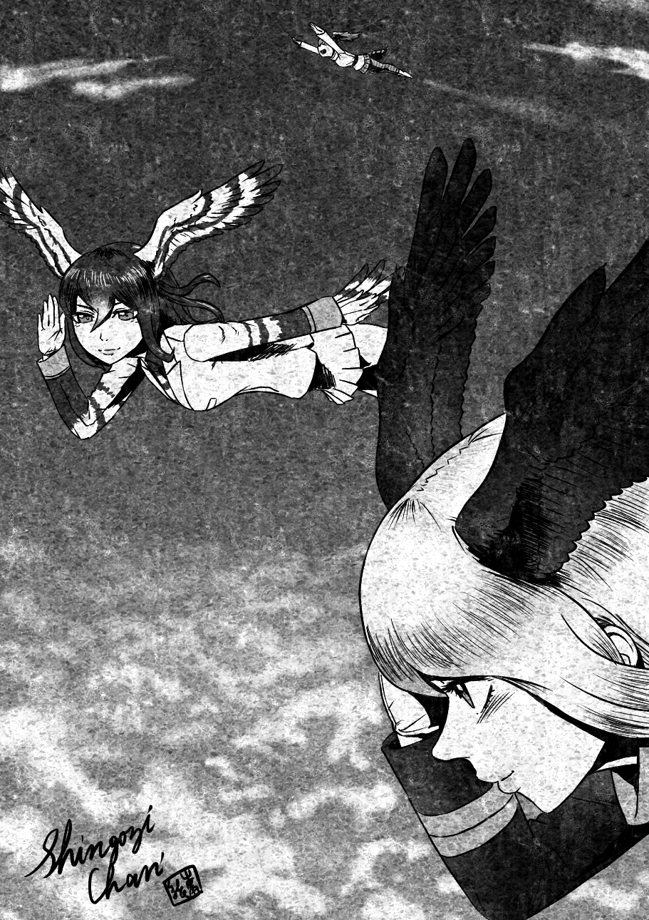 arm_at_side arm_up arms_up artist_logo bald_eagle_(kemono_friends) bird_tail bird_wings closed_mouth commentary flying from_side gloves greyscale hair_between_eyes head_wings highres jacket kemono_friends kishida_shiki lips looking_at_another medium_hair monochrome multiple_girls northern_goshawk_(kemono_friends) outdoors outstretched_arms peregrine_falcon_(kemono_friends) skirt sky smile tail title wings