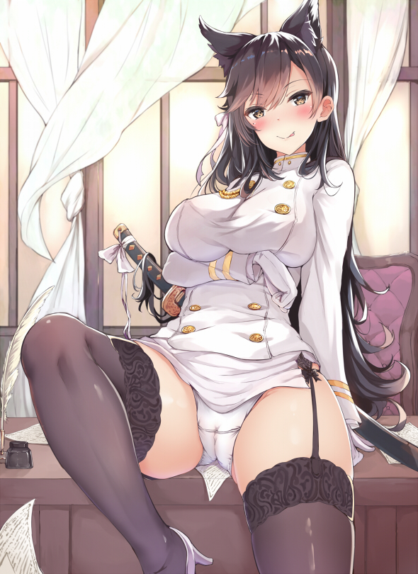 :p animal_ears arm_support ass_visible_through_thighs atago_(azur_lane) azur_lane bangs black_ribbon breast_hold breasts brown_footwear brown_hair cameltoe curtains double-breasted extra_ears eyebrows_visible_through_hair garter_straps gloves high_heels indoors inkwell katana large_breasts leaning_back long_hair long_sleeves looking_at_viewer military military_uniform miniskirt mole mole_under_eye naughty_face on_table panties pantyshot pantyshot_(sitting) paper pencil_skirt quiver ribbon sheath sheathed side-tie_panties side_slit sitting skindentation skirt solo swept_bangs sword sword_behind_back table thighhighs thighs tongue tongue_out underwear uniform very_long_hair weapon white_gloves white_legwear white_panties white_skirt window yukishiro_arute