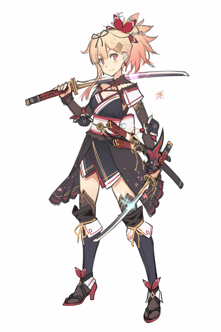 adapted_costume anchor_symbol arm_guards armor black_legwear black_ribbon blonde_hair blush braid breasts cleavage closed_mouth cosplay dan_(kumadan) dual_wielding earrings elbow_pads fang_out fate/grand_order fate_(series) fire french_braid full_body hair_ornament hair_ribbon hairclip holding holding_sword holding_weapon japanese_clothes jewelry kantai_collection katana kimono kneehighs legs_apart long_sleeves looking_at_viewer medium_breasts miyamoto_musashi_(fate/grand_order) miyamoto_musashi_(fate/grand_order)_(cosplay) obi over_shoulder ponytail purple_fire purple_kimono red_eyes remodel_(kantai_collection) ribbon sash short_hair simple_background sketch smug solo standing sword tareme thighhighs unsheathed waist_cape weapon weapon_over_shoulder white_background yuudachi_(kantai_collection)