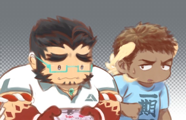 2boys bara colored_skin constricted_pupils dark-skinned_male dark_skin deformed ears_down facial_hair forked_eyebrows furrowed_brow goatee goatee_stubble gradient_skin hachimaki halftone halftone_background head_wings headband hermes_(housamo) holding long_sideburns male_focus mature_male multiple_boys muscular muscular_male mutton_chops nejiri_hachimaki pectorals polo_shirt red_skin sad sanpaku short_hair sideburns sideways_glance smile solid_oval_eyes stubble tajikarao_(housamo) teriyaki_(gqtne7ymkx71079) thick_eyebrows tokyo_afterschool_summoners tusks upper_body wavy_mouth wings yaoi