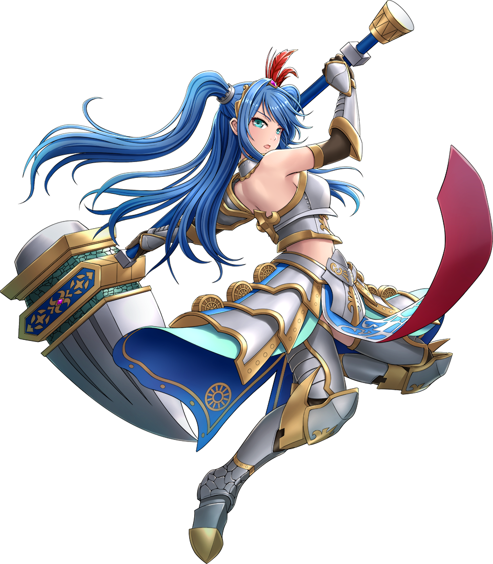 aqua_eyes armor blue_hair breasts flower full_body gloves holding holding_weapon long_hair medium_breasts official_art oshiro_project oshiro_project_re shamakho solo transparent_background twintails very_long_hair weapon yodo_(oshiro_project)