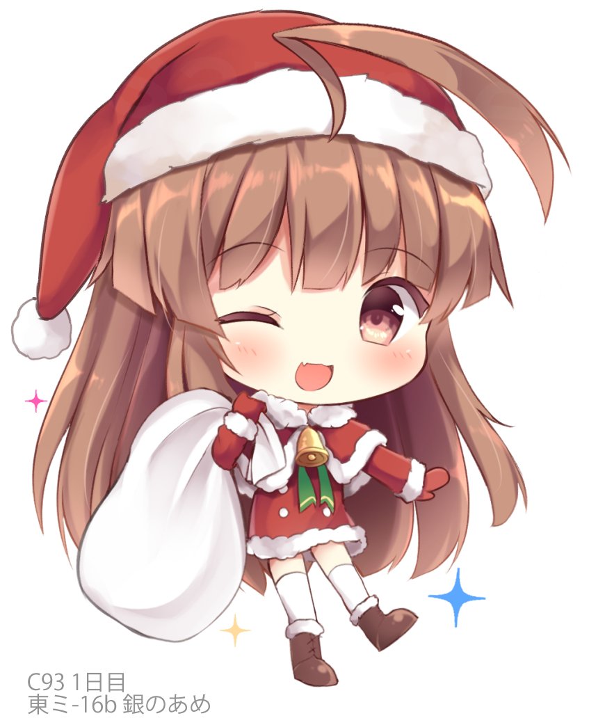 ;d ahoge bangs bell blush brown_eyes brown_hair capelet chibi double-breasted dress eyebrows_visible_through_hair fang full_body fur-trimmed_capelet fur-trimmed_dress fur_collar fur_trim hat huge_ahoge kantai_collection kuma_(kantai_collection) leg_up long_hair looking_at_viewer masayo_(gin_no_ame) mittens one_eye_closed open_mouth over_shoulder red_capelet red_dress sack santa_costume santa_hat simple_background smile solo sparkle standing standing_on_one_leg thighhighs very_long_hair white_background white_legwear