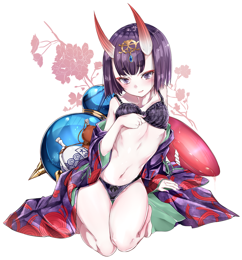 alcohol arm_at_side arm_support bangs bare_arms bare_legs bare_shoulders barefoot black_bow black_bra black_panties blush bob_cut bow bow_panties bra commentary_request cup eyebrows_visible_through_hair fate/grand_order fate_(series) floral_background full_body gourd headpiece japanese_clothes kengorou_saemon_ii_sei kimono kneeling leaning_to_the_side looking_at_viewer nail_polish oni oni_horns open_clothes open_kimono panties purple_bra purple_eyes purple_hair purple_kimono purple_nails purple_panties sakazuki sake shiny shiny_hair short_eyebrows short_hair shuten_douji_(fate/grand_order) smile solo thigh_gap tsurime underwear underwear_only white_background
