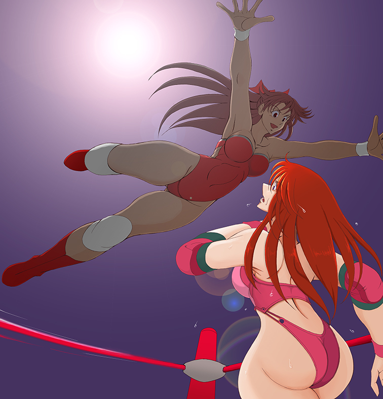 2girls ass bare_shoulders blue_eyes boots breasts brown_hair corey_sniper elbow_pads from_behind hito-si knee_pads large_breasts leotard long_hair multiple_girls mutou_megumi open_mouth red_hair shiny shiny_skin sideboob smile wrestle_angels wrestling wrestling_outfit wrestling_ring wristband