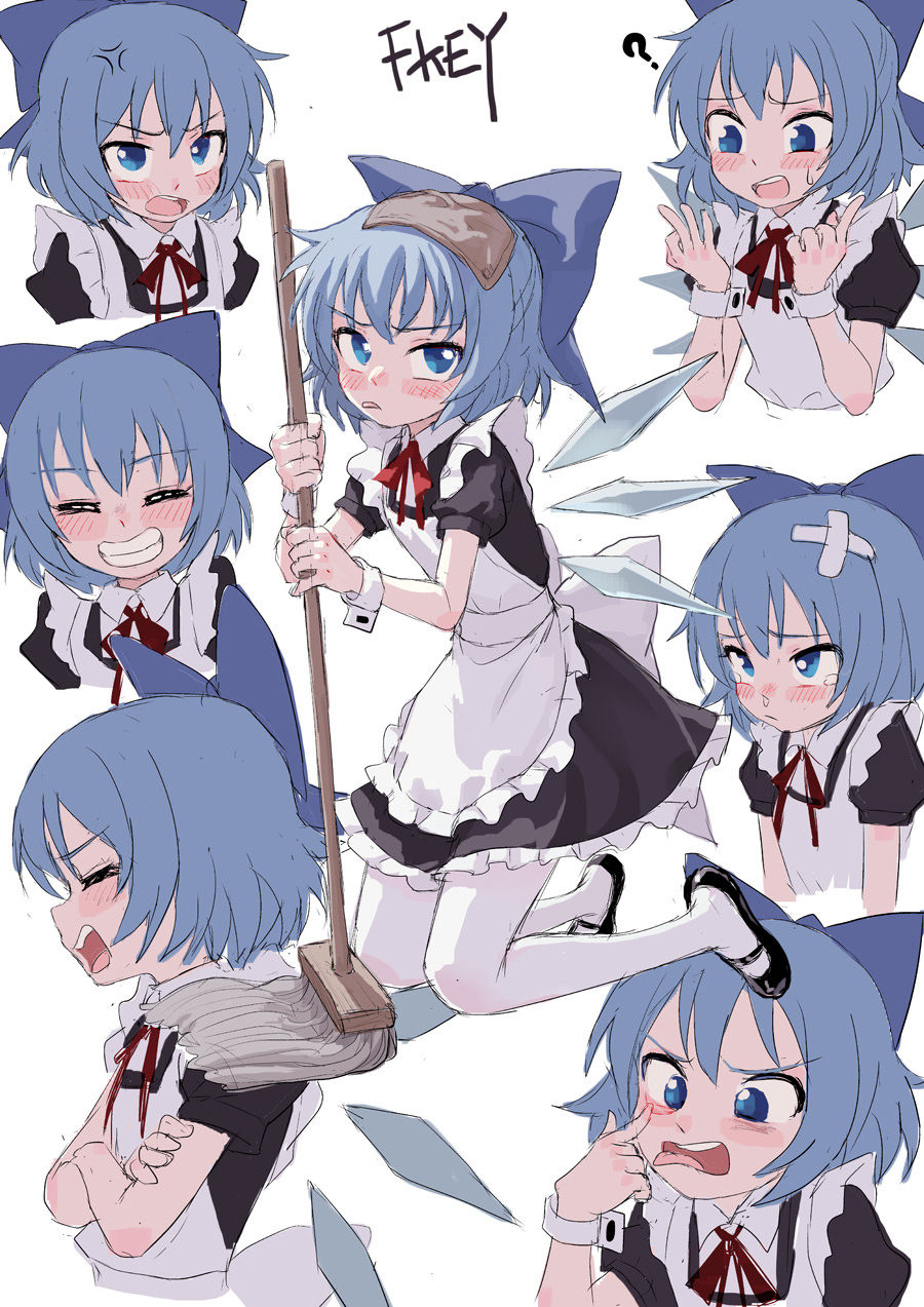 ? akanbe alternate_costume anger_vein apron artist_name bandaid bangs black_dress blue_bow blue_eyes blue_hair blush bow character_sheet cirno counting crossed_arms dress enmaided fkey full_body grin hair_bow highres ice ice_wings looking_at_viewer maid maid_apron mary_janes mop multiple_views neck_ribbon open_mouth puffy_short_sleeves puffy_sleeves red_ribbon ribbon shoes short_hair short_sleeves smile tearing_up tears tongue tongue_out touhou wings wrist_cuffs