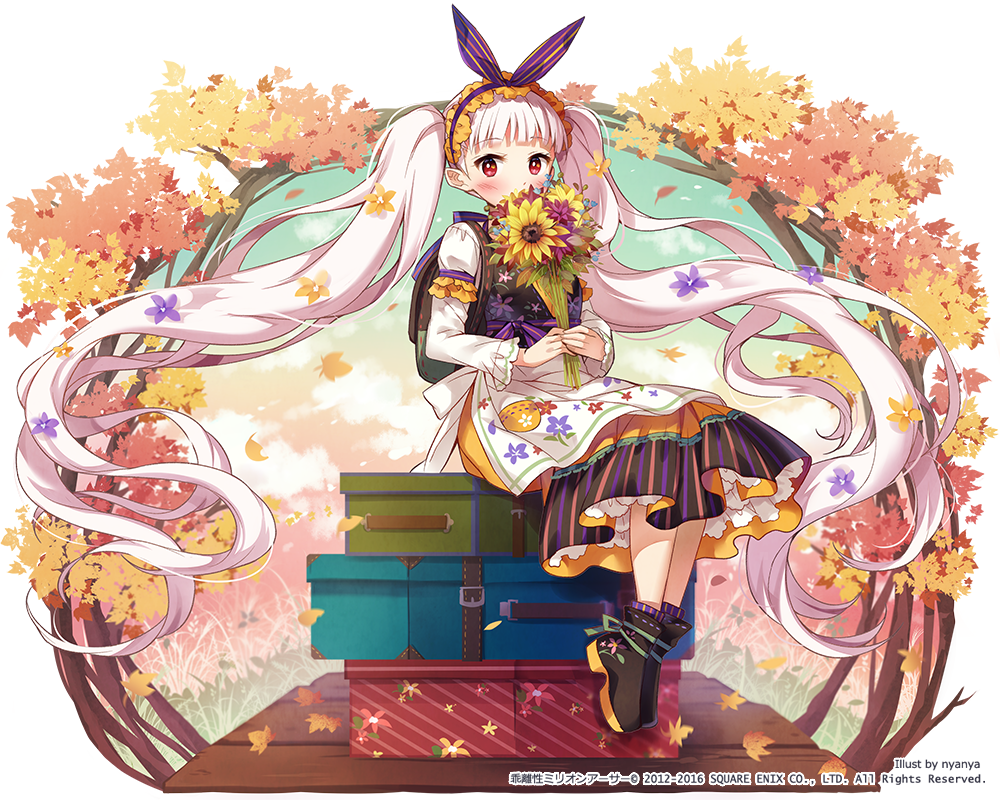 albino ankle_boots apron armband artist_name autumn_leaves backpack bag black_footwear boots bouquet bright_pupils dress floral_print flower frilled_hairband frills full_body hair_ribbon hairband holding holding_bouquet kai-ri-sei_million_arthur layered_dress legs_together long_hair long_sleeves looking_at_viewer million_arthur_(series) nyanya official_art petticoat purple_ribbon red_eyes ribbon simple_background sitting socks solo striped sunflower tareme twintails vertical_stripes very_long_hair waist_apron white_apron white_background white_hair