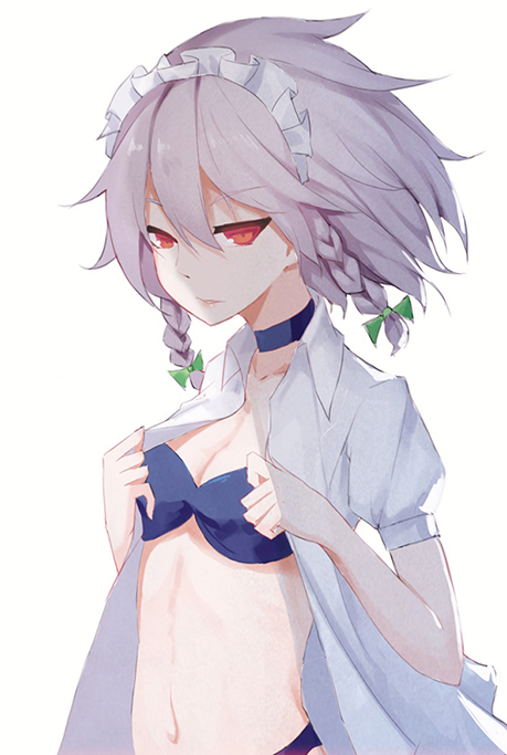 bad_id bad_pixiv_id bandeau bikini blue_bikini blue_choker bow braid breasts choker cleavage commentary frills green_bow hair_between_eyes hair_bow izayoi_sakuya leidami looking_at_viewer maid_headdress medium_breasts open_clothes open_shirt parted_lips puffy_short_sleeves puffy_sleeves red_eyes shirt short_hair short_sleeves silver_hair simple_background solo swimsuit touhou twin_braids white_background white_shirt