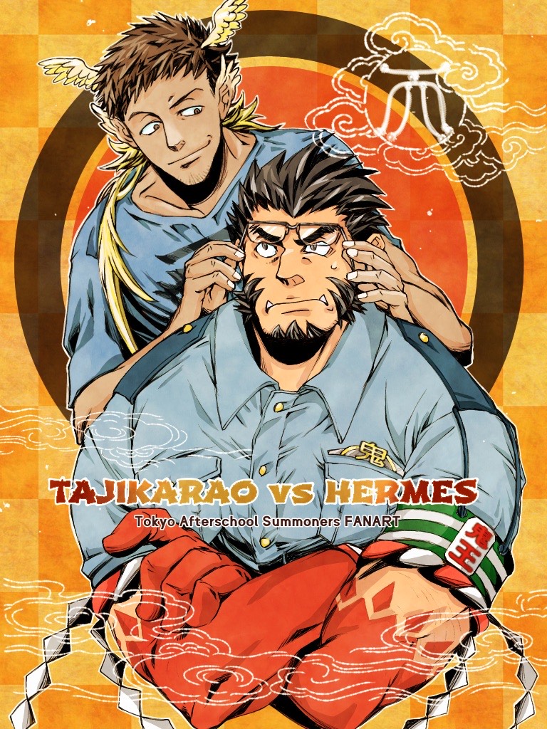 2boys bara cloud colored_skin cropped_torso crossed_arms english_text facial_hair forked_eyebrows glasses goatee goatee_stubble gradient_skin hachimaki head_wings headband hermes_(housamo) large_hands large_pectorals long_sideburns looking_at_another male_focus mature_male multiple_boys muscular muscular_male mutton_chops nejiri_hachimaki pectorals police police_uniform policeman red_skin short_hair sideburns smile square_background stubble sweatdrop tajikarao_(housamo) thick_eyebrows tokyo_afterschool_summoners tusks uniform wings yaoi yoshiyuki_(nein69yoshiyuki)