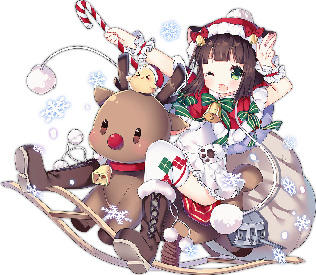 &gt;_&lt; ;3 ;d animal_ears azur_lane bangs bell bird blunt_bangs blush boots bow brown_footwear brown_hair candy candy_cane capelet cat_ears chick dress fang food full_body green_eyes green_ribbon hat holding hood hood_up machinery mutsuki_(azur_lane) official_art one_eye_closed open_mouth over-kneehighs red_bow red_capelet reindeer ribbon sack santa_costume santa_hat short_dress short_hair smile solo tachi-e tareme thighhighs tongue transparent_background tsukimi_(xiaohuasan) turret white_dress white_legwear