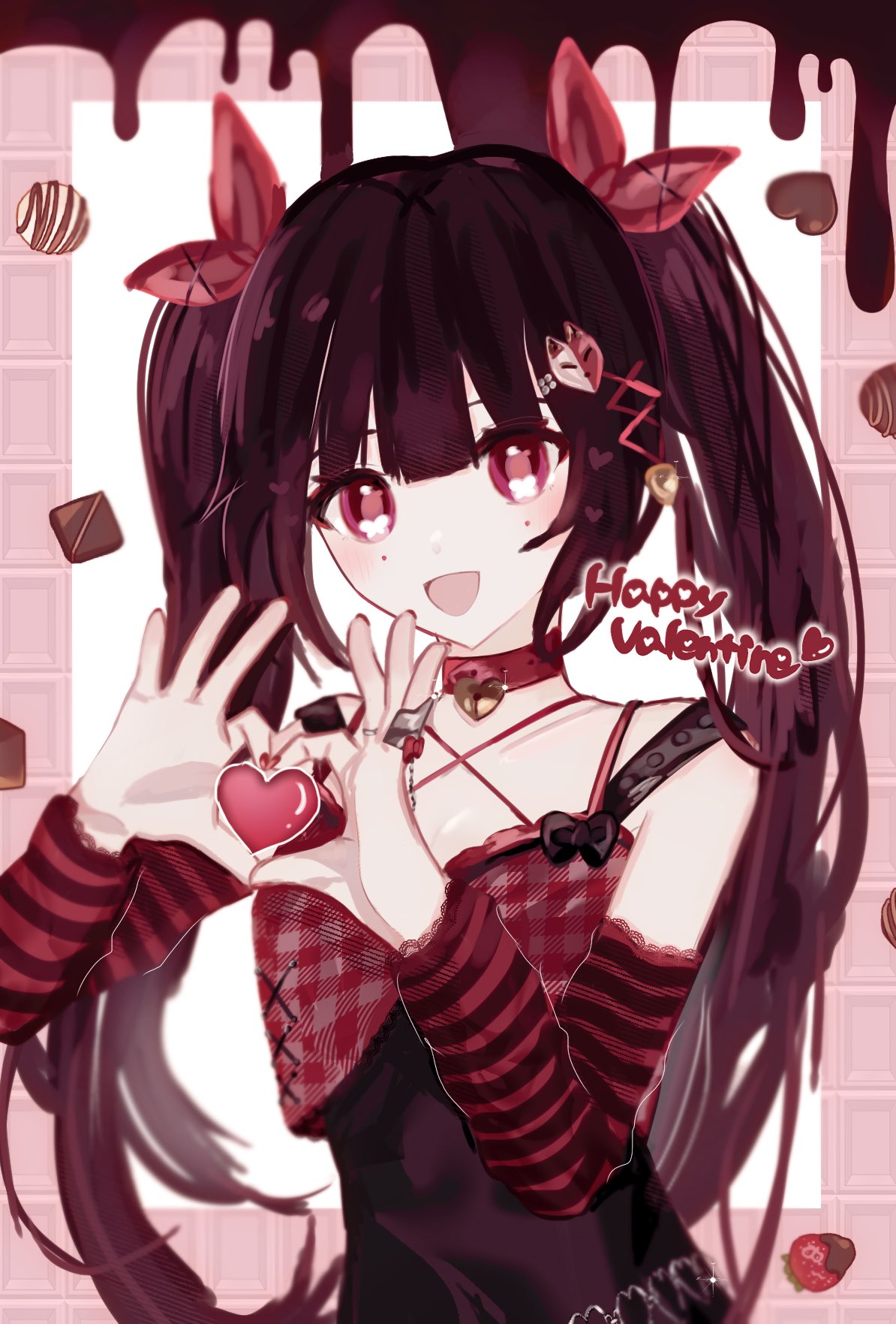 1girl :d bare_shoulders black_skirt blush bow breasts brown_hair candy chocolate choker collarbone criss-cross_halter detached_sleeves dripping food hair_bow halter_shirt halterneck happy_valentine heart heart-shaped_chocolate heart_choker heart_hands high-waist_skirt highres honkai:_star_rail honkai_(series) long_hair long_sleeves looking_at_viewer me_(y287) open_hands open_mouth outside_border pink_eyes red_bow red_choker red_shirt red_sleeves shirt simple_background skirt sleeveless sleeveless_shirt small_breasts smile solo sparkle_(honkai:_star_rail) striped_sleeves twintails upper_body very_long_hair white_background