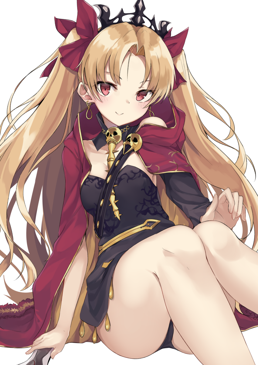 bangs black_dress black_leotard blonde_hair blush breasts cape closed_mouth commentary_request detached_collar dress earrings ereshkigal_(fate/grand_order) fate/grand_order fate_(series) hair_ribbon highres hoop_earrings jewelry leotard long_hair looking_at_viewer looking_back medium_breasts monobe_tsukuri panties parted_bangs red_cape red_eyes red_ribbon ribbon simple_background single_sleeve sitting skull smile solo spine strapless strapless_leotard tiara two_side_up underwear white_background