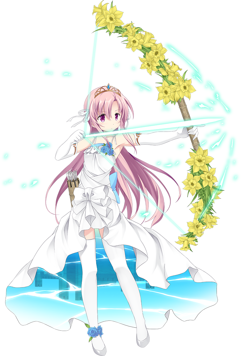 arrow artist_request bare_shoulders bow_(weapon) drawing_bow dress elbow_gloves flower full_body gloves grey_footwear hair_ribbon high_heels holding holding_arrow holding_bow_(weapon) holding_weapon leeds_(oshiro_project) long_hair looking_at_viewer official_art oshiro_project oshiro_project_re outstretched_arm pink_hair purple_eyes quiver ribbon sleeveless sleeveless_dress solo thighhighs tiara transparent_background weapon white_dress white_gloves white_legwear white_ribbon