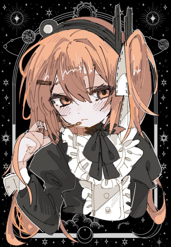 1girl a.i._voice adachi_rei alternate_costume alternate_hair_length alternate_hairstyle black_background black_dress blush border center_frills closed_mouth cropped_torso dress expressionless frilled_dress frills hair_ribbon half-closed_eyes hand_up headlamp headset hisui_(_hisui_58) index_finger_raised juliet_sleeves long_hair long_sleeves looking_at_viewer one_side_up orange_eyes orange_hair orbital_path ornate_border outside_border planet puffy_sleeves radio_antenna raised_eyebrows ribbon sleeve_cuffs solo sparkle sun_symbol utau white_ribbon