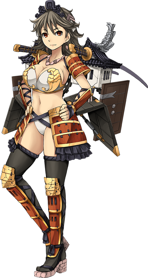 ahoge artist_request breasts brown_hair cleavage dual_wielding full_body hand_on_hip holding katana large_breasts midriff navel official_art orange_eyes oshiro_project oshiro_project_re panties saga_(oshiro_project) shachihoko short_hair smile solo standing sword thighhighs transparent_background underwear weapon
