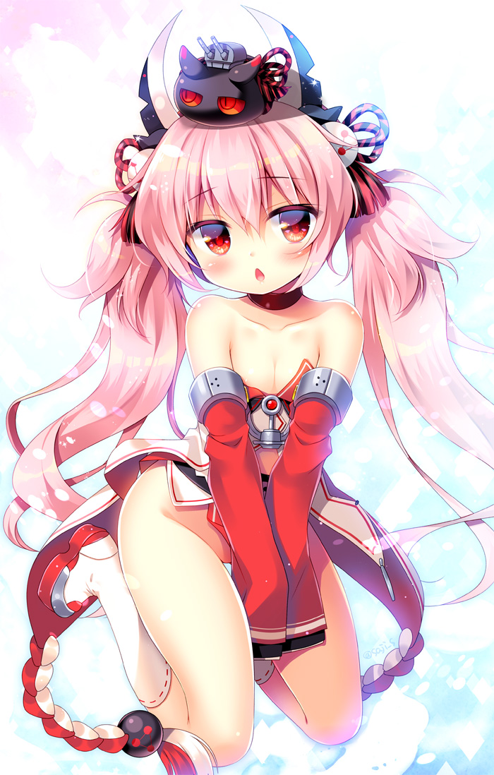 azur_lane bare_shoulders between_legs blush chestnut_mouth collarbone commentary_request detached_sleeves flat_chest hair_ornament hamakaze_(azur_lane) hand_between_legs horns kneehighs long_hair looking_at_viewer no_panties pink_hair red_eyes ribbon-trimmed_legwear ribbon_trim sasai_saji shoes solo twintails very_long_hair white_legwear