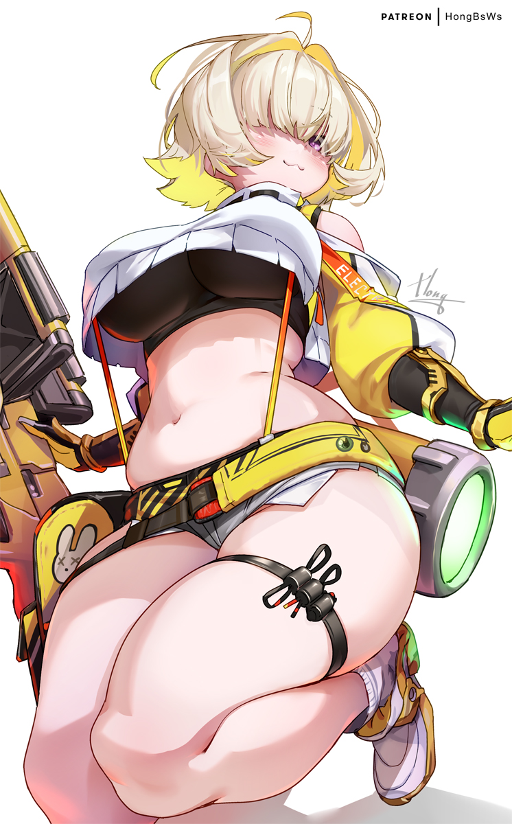 1girl arm_guards belt black_sports_bra blonde_hair blush breasts clothing_cutout crop_top crop_top_overhang cropped_sweater elegg_(nikke) gloves goddess_of_victory:_nikke grey_shorts hair_intakes hair_over_eyes highres hong_(white_spider) kneeling large_breasts long_bangs long_sleeves micro_shorts midriff navel plump purple_eyes shoes shorts shoulder_cutout smile sneakers solo sports_bra sweater thick_thighs thighs weapon white_sweater