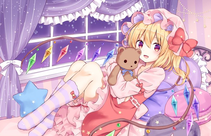 bangs bed blonde_hair bloomers bow colored_stripes commentary_request curtains dress eyebrows_visible_through_hair flandre_scarlet food full_body hair_between_eyes hat holding holding_stuffed_animal kure~pu long_sleeves looking_at_viewer lying macaron mob_cap on_back open_mouth pillow purple_pillow red_bow red_dress red_eyes ribbon short_hair solo star star_pillow striped striped_legwear stuffed_animal stuffed_toy teddy_bear touhou underwear white_ribbon window wings