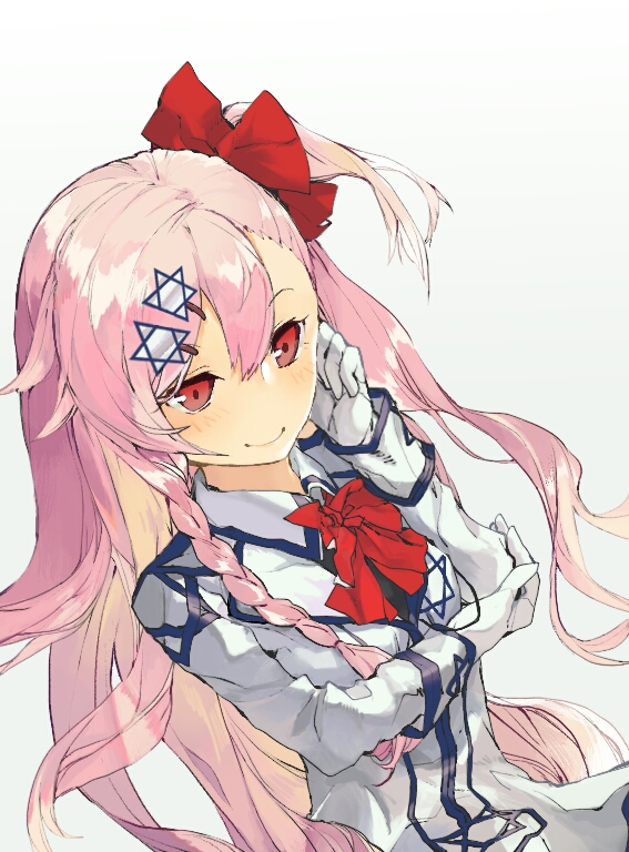 arm_across_chest asymmetrical_hair bangs blush bow braid breasts commentary_request eyebrows_visible_through_hair girls_frontline gloves gradient gradient_background hair_between_eyes hair_bow hair_ornament hair_ribbon hairclip hand_on_own_cheek hand_on_own_elbow hexagram long_hair negev_(girls_frontline) one_side_up pink_hair red_bow red_eyes ribbon rocco simple_background skirt small_breasts smile solo star_of_david white_gloves white_skirt