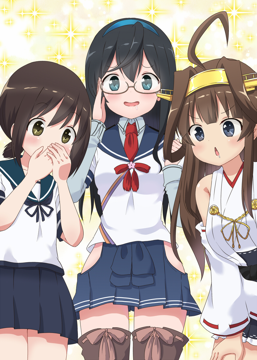 adjusting_eyewear ahoge black_hair blue_eyes blue_sailor_collar blue_skirt brown_eyes brown_hair brown_legwear chestnut_mouth commentary_request covering_mouth detached_sleeves double_bun drooling fubuki_(kantai_collection) glasses grey_eyes hairband headgear highres hip_vent huge_ahoge kantai_collection kongou_(kantai_collection) long_hair looking_down low_ponytail masara multiple_girls nontraditional_miko ooyodo_(kantai_collection) open_mouth pleated_skirt ponytail red_neckwear remodel_(kantai_collection) ribbon-trimmed_sleeves ribbon_trim sailor_collar saliva school_uniform semi-rimless_eyewear serafuku short_ponytail sidelocks skirt sparkle thighhighs