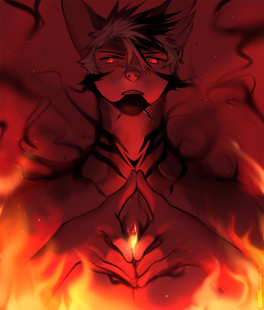 2017 5_fingers angiewolf anthro canine digital_media_(artwork) fire looking_at_viewer male mammal red_background red_eyes simple_background solo warm_colors
