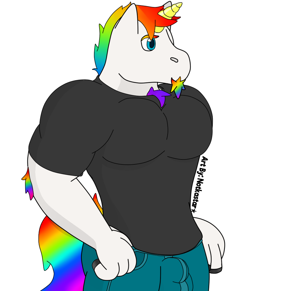 2017 anthro blue_eyes blue_eys bulge clothed clothing digital_media_(artwork) equine hair hi_res hooves horn jeans male mammal multicolored_hair notkastar_(artist) pants rainbow shirt solo standing t-shirt unicorn