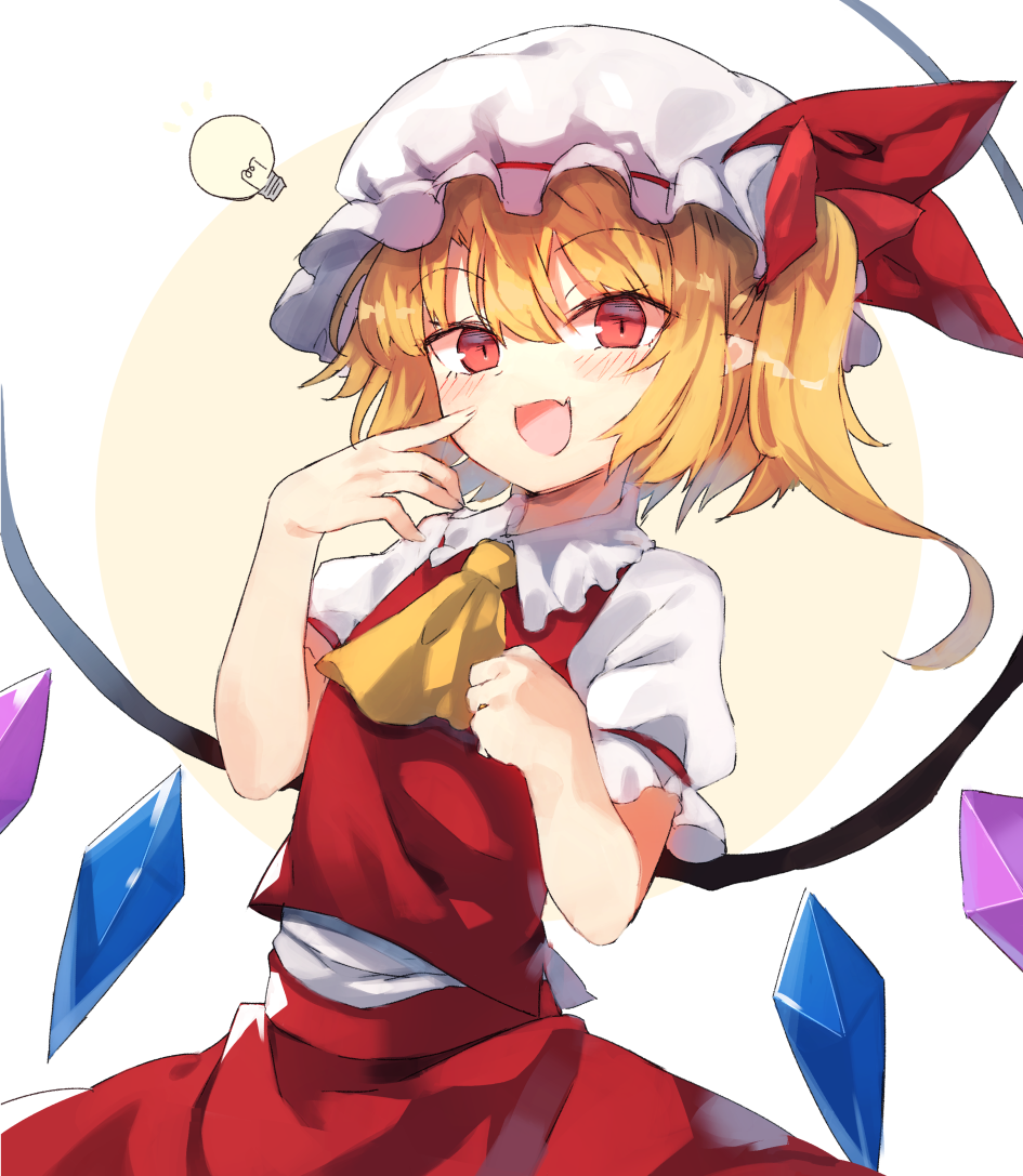 :d ascot bangs blonde_hair blush bow commentary_request cowboy_shot eyebrows_visible_through_hair flandre_scarlet hand_up hat idea kasuka_(kusuki) light_bulb long_hair looking_at_viewer mob_cap multicolored multicolored_background open_mouth red_bow red_eyes red_skirt short_sleeves side_ponytail skirt skirt_set smile solo touhou two-tone_background white_hat