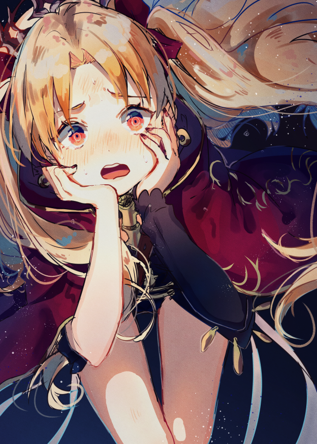 bangs blonde_hair blush bow cloak commentary_request cowboy_shot ereshkigal_(fate/grand_order) fate/grand_order fate_(series) floating_hair hair_bow hands_on_own_cheeks hands_on_own_face leaning_forward long_hair looking_at_viewer open_mouth parted_bangs purple_bow red_eyes single_sleeve solo teeth thigh_gap thighs tiara twintails very_long_hair wavy_mouth yuno_tsuitta