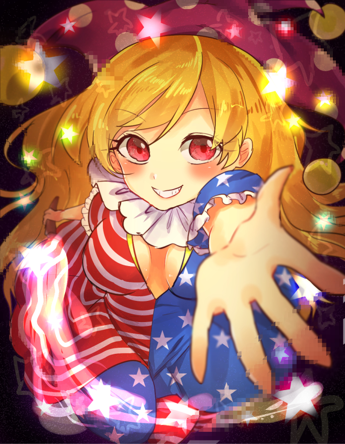 american_flag american_flag_dress american_flag_legwear blonde_hair breasts cleavage cleavage_cutout clownpiece commentary_request fire flame foreshortening glowing grin hat jester_cap konnyaku_(yuukachan_51) long_hair looking_at_viewer medium_breasts neck_ruff open_hand pantyhose pixelated purple_hat reaching_out red_eyes smile solo star striped torch touhou