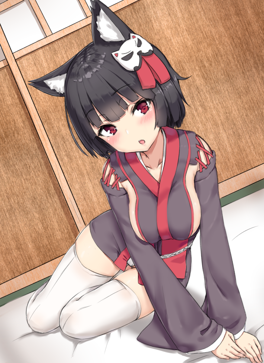 animal_ears azur_lane black_hair blush breasts cat_ears detached_sleeves eyebrows_visible_through_hair futon hair_ornament highres indoors japanese_clothes kimono large_breasts looking_at_viewer red_eyes reinama seiza short_hair sideboob sitting smile solo thighhighs white_legwear wide_sleeves yamashiro_(azur_lane)