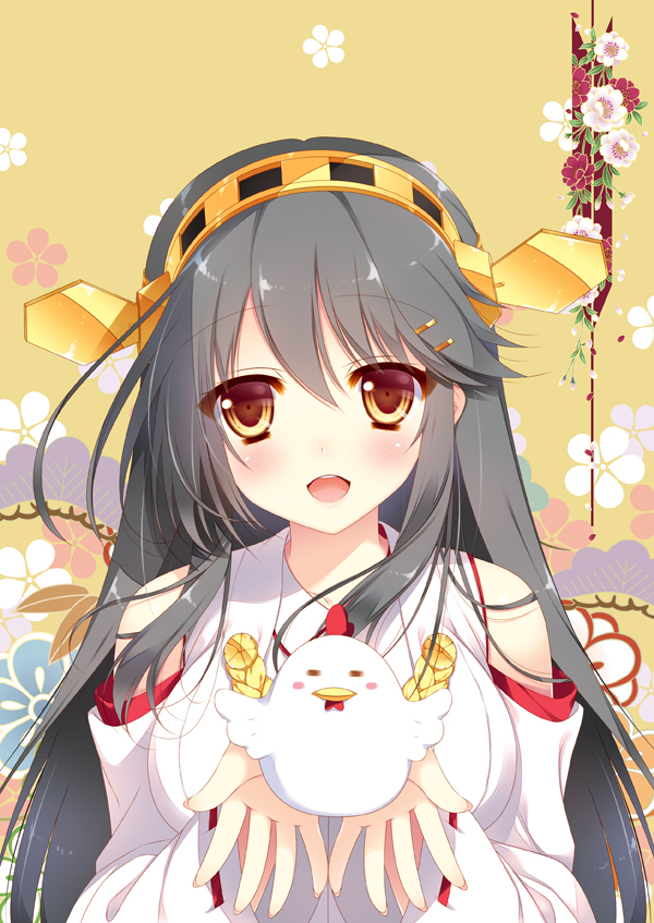2017 :d bare_shoulders bird breasts chicken chinese_zodiac commentary_request detached_sleeves grey_hair hair_ornament hairband hairclip haruna_(kantai_collection) holding_bird kantai_collection large_breasts long_hair looking_at_viewer nengajou new_year nontraditional_miko open_mouth shigunyan smile solo upper_body year_of_the_rooster