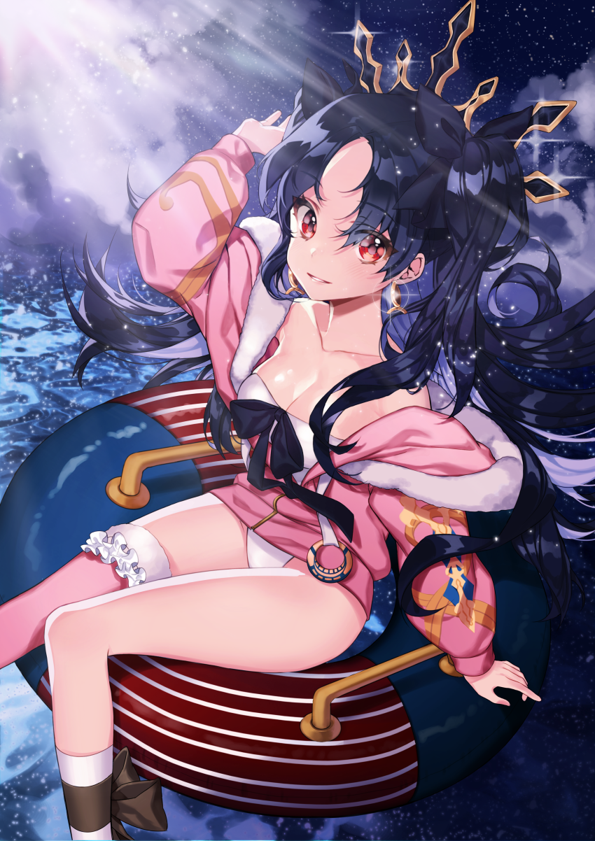 bare_shoulders black_bow black_hair black_legwear bow chungu commentary_request earrings fate/grand_order fate_(series) hair_bow highres hood hoodie innertube ishtar_(fate/grand_order) jewelry leotard light_rays long_hair long_legs looking_at_viewer night outdoors parted_lips pink_legwear red_eyes single_thighhigh sitting smile solo sparkle striped striped_legwear sunbeam sunlight thigh_strap thighhighs thighs twintails white_leotard