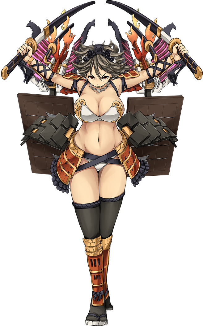 artist_request breasts brown_hair cleavage dual_wielding full_body holding holding_sword holding_weapon katana large_breasts midriff navel official_art oshiro_project oshiro_project_re saga_(oshiro_project) sheath short_hair solo sword transparent_background unsheathing weapon