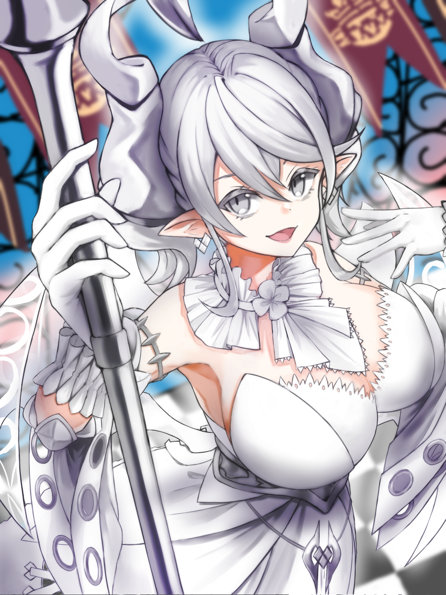 1girl armpits breasts cleavage demon_girl demon_horns demon_wings detached_collar dress duel_monster earrings gloves grey_eyes grey_hair highres holding holding_weapon horns jewelry large_breasts looking_at_viewer lovely_labrynth_of_the_silver_castle medium_hair mukiryoku pointy_ears slit_pupils solo strapless strapless_dress transparent_wings upper_body weapon white_dress white_gloves wings yu-gi-oh!