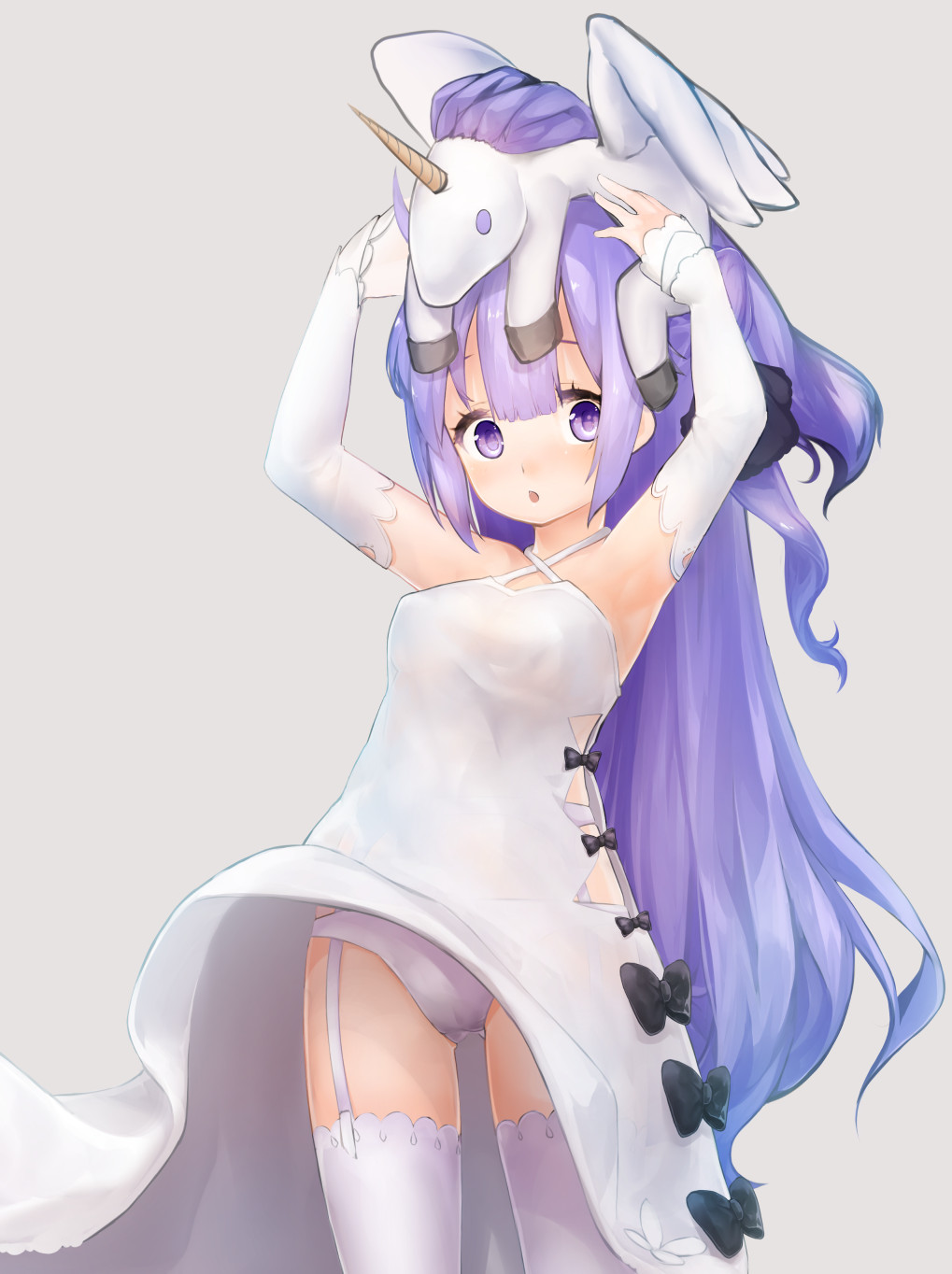 arms_up azur_lane bangs black_bow black_ribbon blush bow cameltoe chestnut_mouth commentary_request criss-cross_halter detached_sleeves dress dress_lift garter_straps grey_background hachachi hair_between_eyes hair_bun hair_ribbon halterneck highres long_hair long_sleeves looking_at_viewer one_side_up panties parted_lips purple_eyes purple_hair ribbon side_bun simple_background sleeves_past_wrists solo stuffed_alicorn stuffed_animal stuffed_toy thighhighs underwear unicorn_(azur_lane) very_long_hair white_dress white_legwear white_panties wind wind_lift