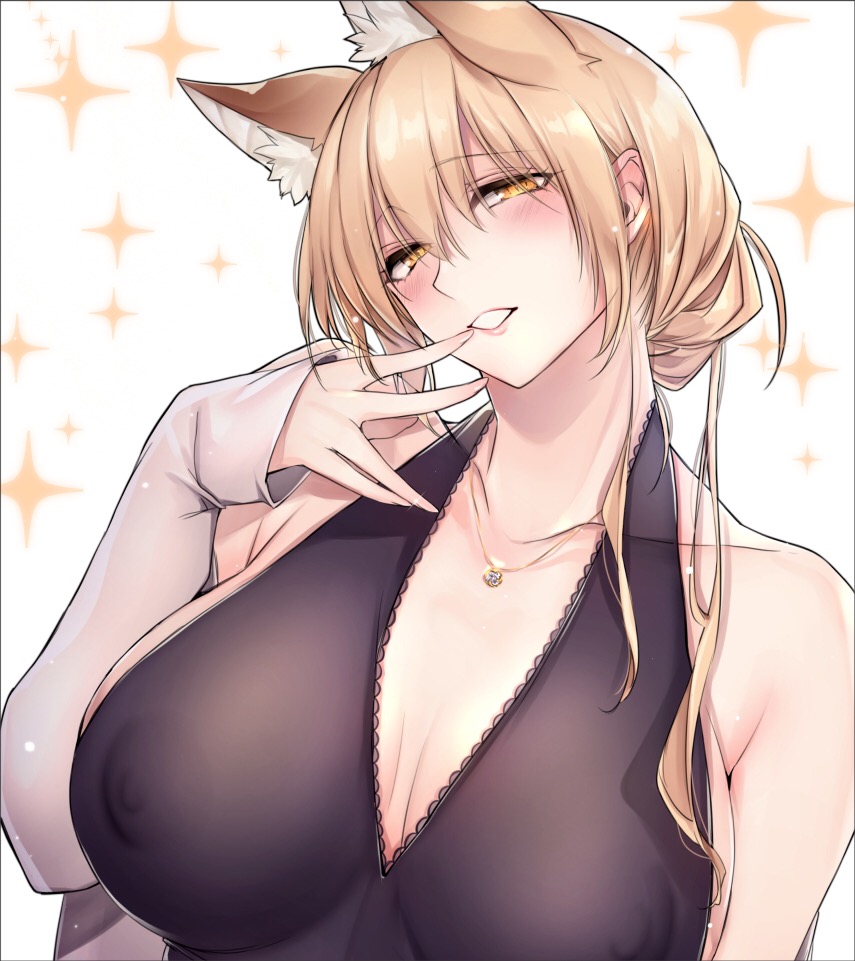 animal_ear_fluff animal_ears arm_at_side bare_shoulders blonde_hair blush breasts covered_nipples eyebrows_visible_through_hair fox_ears fox_girl halterneck hand_to_own_mouth huge_breasts jewelry looking_at_breasts necklace off_shoulder original parted_lips shizu-chan simple_background smile solo upper_body yellow_eyes yukibuster_z