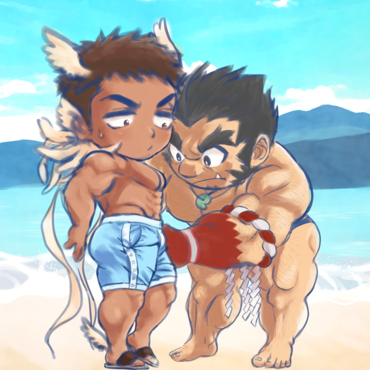 2boys :o adjusting_another's_clothes bara beach blue_male_swimwear colored_skin dark-skinned_male dark_skin day deformed facial_hair foot_wings forked_eyebrows full_body goatee goatee_stubble gradient_skin hachimaki hairy half-closed_eyes head_wings headband hermes_(housamo) highres large_pectorals long_sideburns male_focus male_swimwear mature_male multiple_boys muscular muscular_male mutton_chops nejiri_hachimaki ocean outdoors pectorals red_skin sand short_hair sideburns sideburns_stubble sparse_arm_hair sparse_chest_hair sparse_leg_hair stubble swim_briefs swim_trunks tajikarao_(housamo) teriyaki_(gqtne7ymkx71079) thick_eyebrows tokyo_afterschool_summoners topless_male tusks unfinished v-shaped_eyebrows wings yaoi