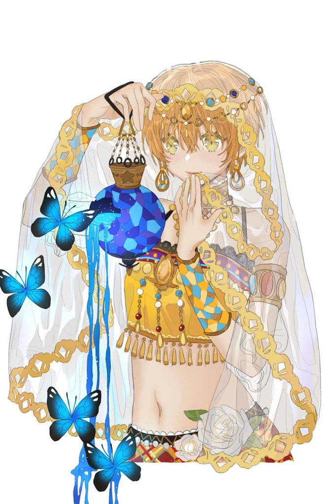 1girl arabian_clothes armlet bity3155660241 blue_butterfly border bug butterfly circlet closed_mouth colored_eyelashes cowboy_shot dripping flower full_moon hand_on_own_chin holding holding_lantern hoshizora_rin lace-trimmed_skirt lace_trim lantern leaf lily_pad love_live! midriff moon navel night orange_hair pink_lips plaid plaid_skirt purple_sky red_skirt rose see-through_veil shirt short_hair simple_background skirt sky smile solo tassel white_background white_flower white_rose white_veil yellow_eyes yellow_shirt