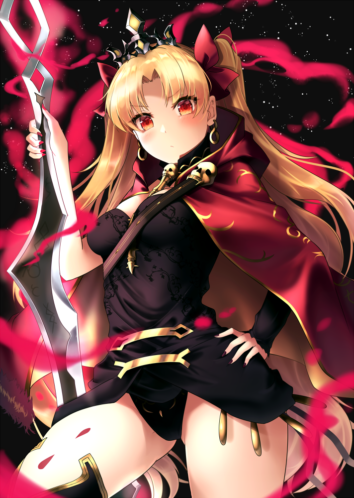 aura bangs black_legwear black_leotard black_nails blonde_hair blush breasts cape closed_mouth commentary_request cowboy_shot earrings ereshkigal_(fate/grand_order) fate/grand_order fate_(series) hair_ribbon hand_on_hip holding holding_sword holding_weapon jewelry koruta_(nekoimo) leotard long_hair looking_at_viewer nail_polish parted_bangs red_cape red_eyes red_ribbon ribbon single_thighhigh small_breasts solo sword thighhighs tiara two_side_up v-shaped_eyebrows weapon