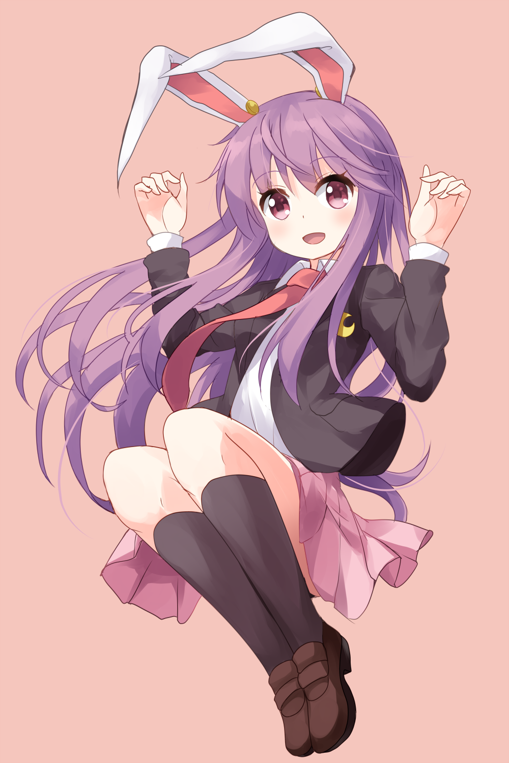 :d animal_ears black_legwear blazer blush bunny_ears commentary_request crescent crescent_moon_pin full_body highres jacket legs_together loafers long_hair long_sleeves looking_at_viewer necktie open_blazer open_clothes open_jacket open_mouth pink_eyes pink_skirt purple_hair red_neckwear reisen_udongein_inaba ruu_(tksymkw) shirt shoes skirt smile socks solo touhou very_long_hair white_shirt