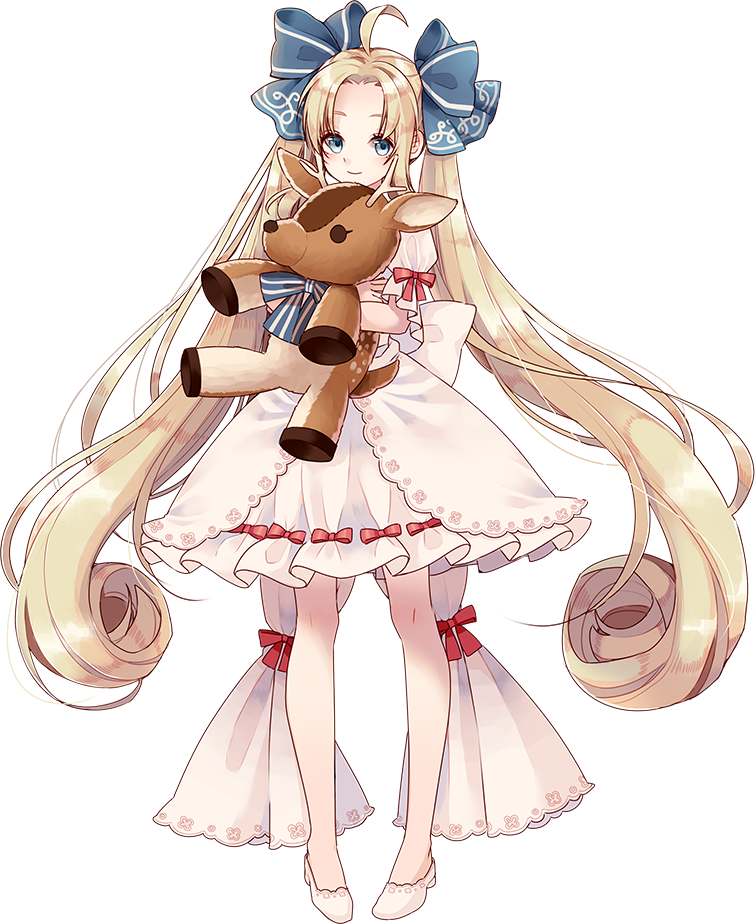 ahoge blonde_hair blue_bow blue_eyes bow chateau_de_chambord_(oshiro_project) dress full_body hair_bow high_heels holding holding_stuffed_animal long_hair looking_at_viewer natuki_miz official_art oshiro_project oshiro_project_re smile solo stuffed_animal stuffed_deer stuffed_toy transparent_background twintails very_long_hair white_dress