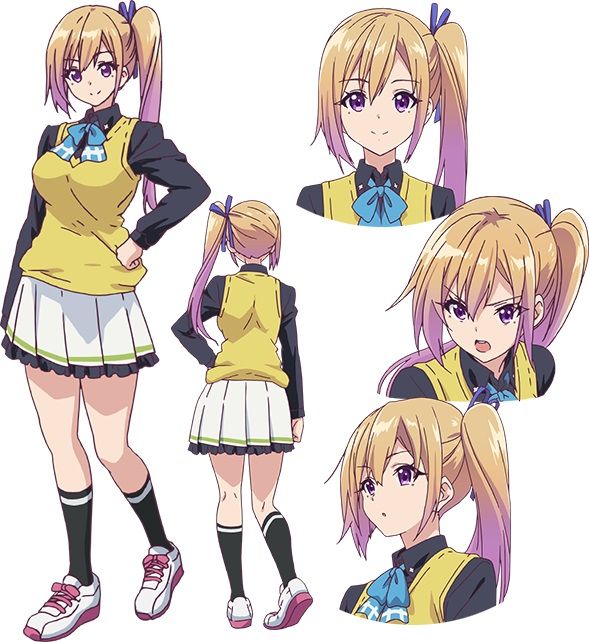 1girl ass blonde_hair breasts female kawakami_mai large_breasts long_hair musaigen_no_phantom_world official_art ponytail purple_eyes school_uniform shiny shoes side_ponytail simple_background skirt smile solo standing white_background