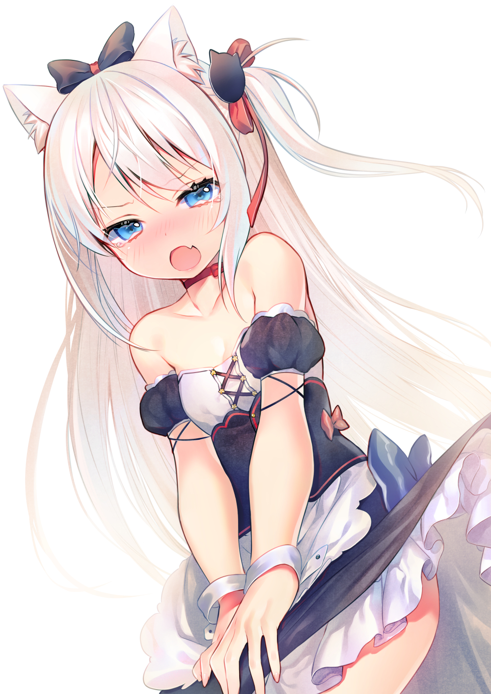 animal_ear_fluff animal_ears apron azur_lane bare_shoulders blue_eyes blush bow breasts cat_ears choker commentary detached_sleeves hair_bow hair_ornament hair_ribbon hammann_(azur_lane) highres long_hair looking_at_viewer open_mouth puffy_short_sleeves puffy_sleeves remodel_(azur_lane) ribbon ribbon_choker shirako_sei short_sleeves small_breasts solo tearing_up underbust waist_apron white_apron white_hair wrist_cuffs