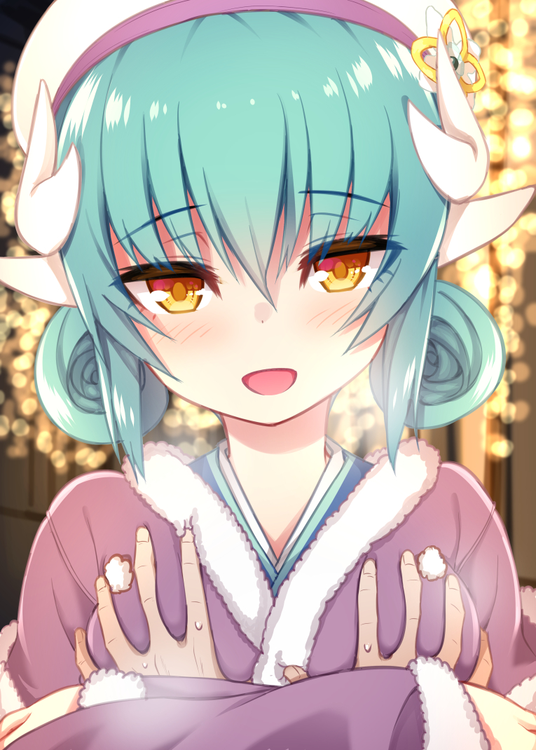 1girl :d bangs beret binsen blush breast_grab breasts commentary_request crossed_arms double_bun dragon_horns eyebrows_visible_through_hair fate/grand_order fate_(series) fur-trimmed_kimono fur_trim grabbing green_hair hair_between_eyes hat head_tilt hetero horns japanese_clothes kimono kiyohime_(fate/grand_order) looking_at_viewer medium_breasts open_mouth purple_kimono smile sweat white_hat yellow_eyes