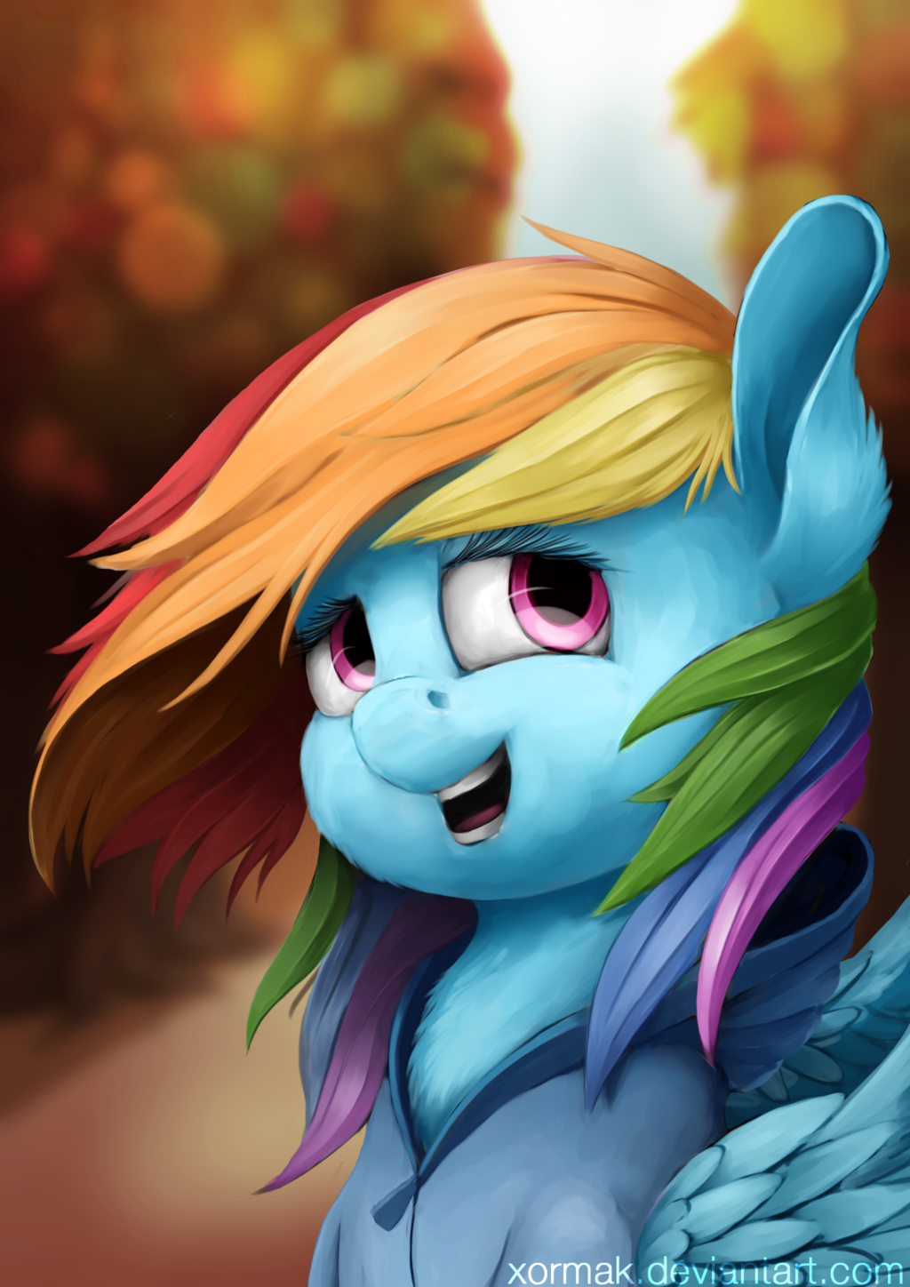 2017 autumn blurred_background clothing equine eyelashes feathered_wings feathers female friendship_is_magic fur hair hoodie looking_at_viewer mammal multicolored_hair my_little_pony open_mouth pegasus portrait purple_eyes rainbow_dash_(mlp) rainbow_hair smile solo teeth tongue tree wings xormak