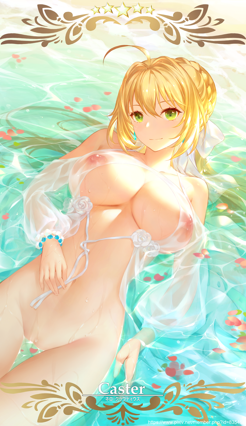 afloat ahoge arm_at_side bangs bare_shoulders beach blonde_hair blush bottomless bracelet breasts closed_mouth collarbone commentary_request cowboy_shot fate/grand_order fate_(series) flower from_above green_eyes groin hair_ribbon hand_on_own_stomach highres jewelry large_breasts long_hair long_sleeves looking_at_viewer lying nero_claudius_(fate)_(all) nero_claudius_(swimsuit_caster)_(fate) nipples ocean on_back outdoors partially_translated pearl_bracelet petals petals_on_liquid puffy_long_sleeves puffy_sleeves pussy ribbon rose rose_petals see-through shiny shiny_skin shore smile solo star thigh_gap translation_request uncensored water water_drop watermark web_address wet wet_clothes white_flower white_ribbon white_rose yijian_ma