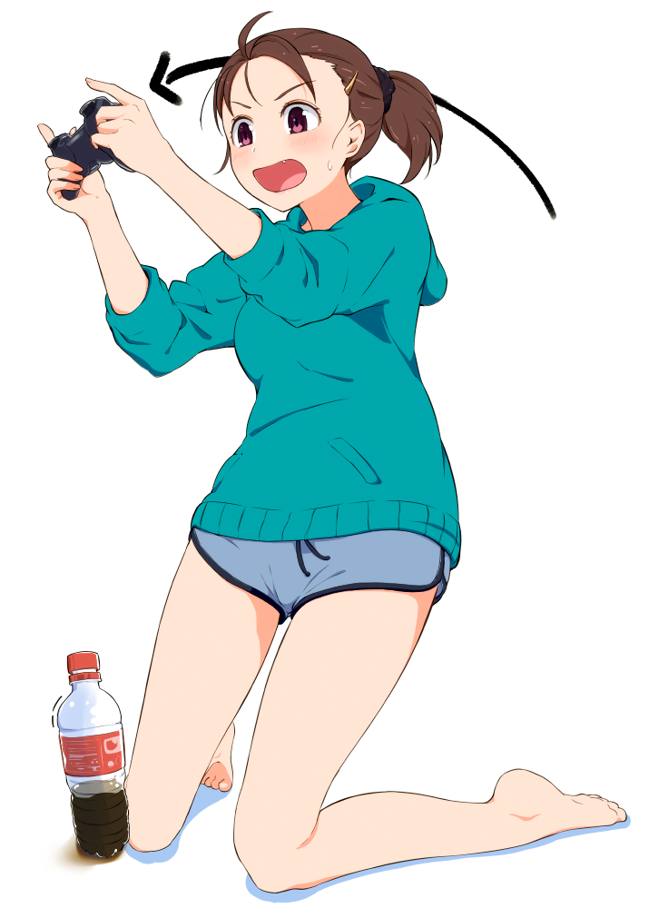 bottle brown_hair commentary_request controller directional_arrow fang hi_iro hood hoodie kneeling original ponytail red_eyes short_ponytail short_shorts shorts solo white_background
